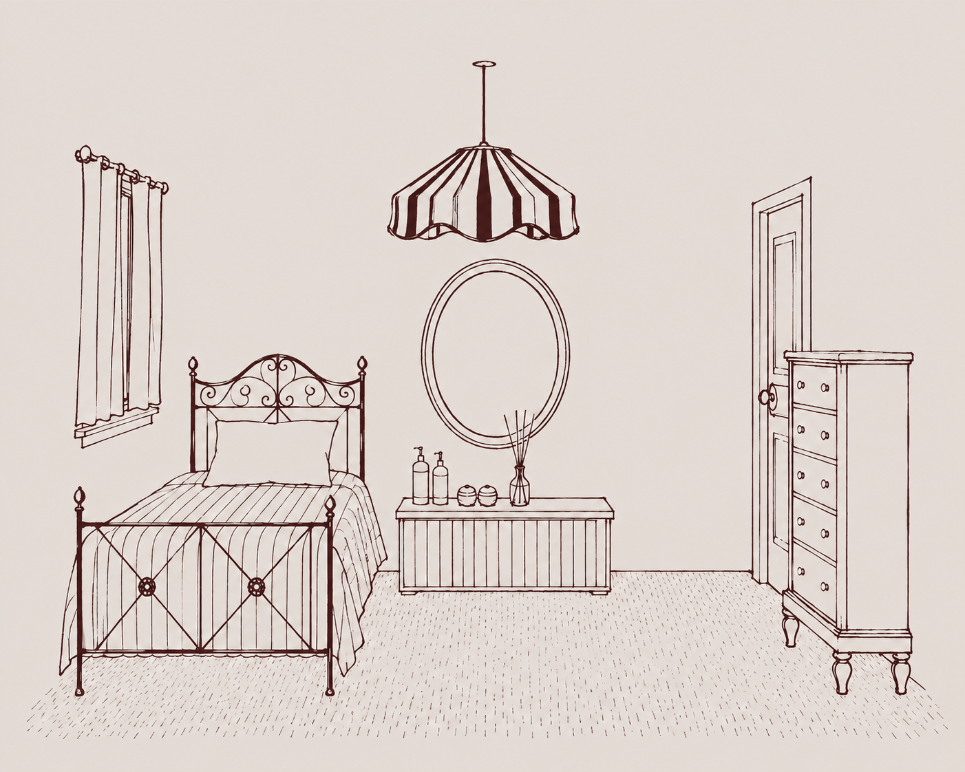 Hand-drawn concept illustration for a spare bedroom design, featuring a wrought iron bed, a scalloped pendant light, and an oval mirror