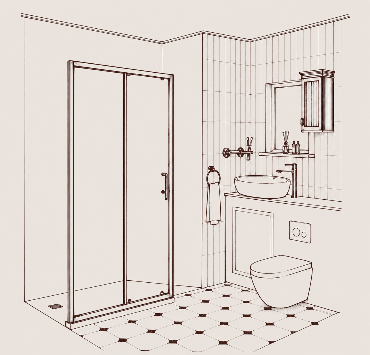 Hand-drawn concept illustration for an ensuite bathroom, featuring a walk-in glass shower, wall-mounted sink, and mirrored cabinet