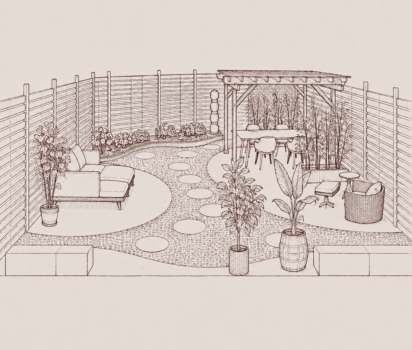 Hand-drawn concept illustration for a garden, featuring a covered pergola dining area, lounge seating, and potted plants